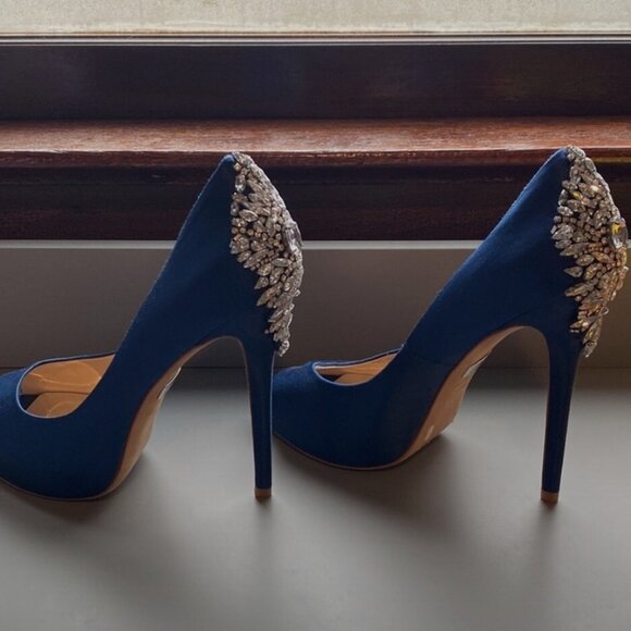 Badgley Mischka Women's Kiara Pumps Peep Toe Sapphire Satin Shoes Heels - Picture 4 of 5